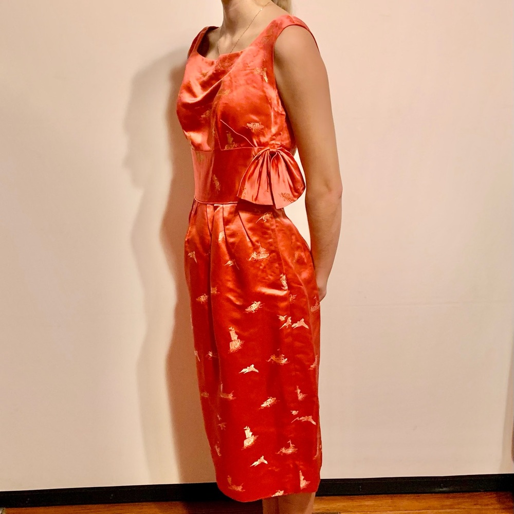Vintage 1950s Hand Tailored Orange Satin Dress with Gold Oriental Iconography